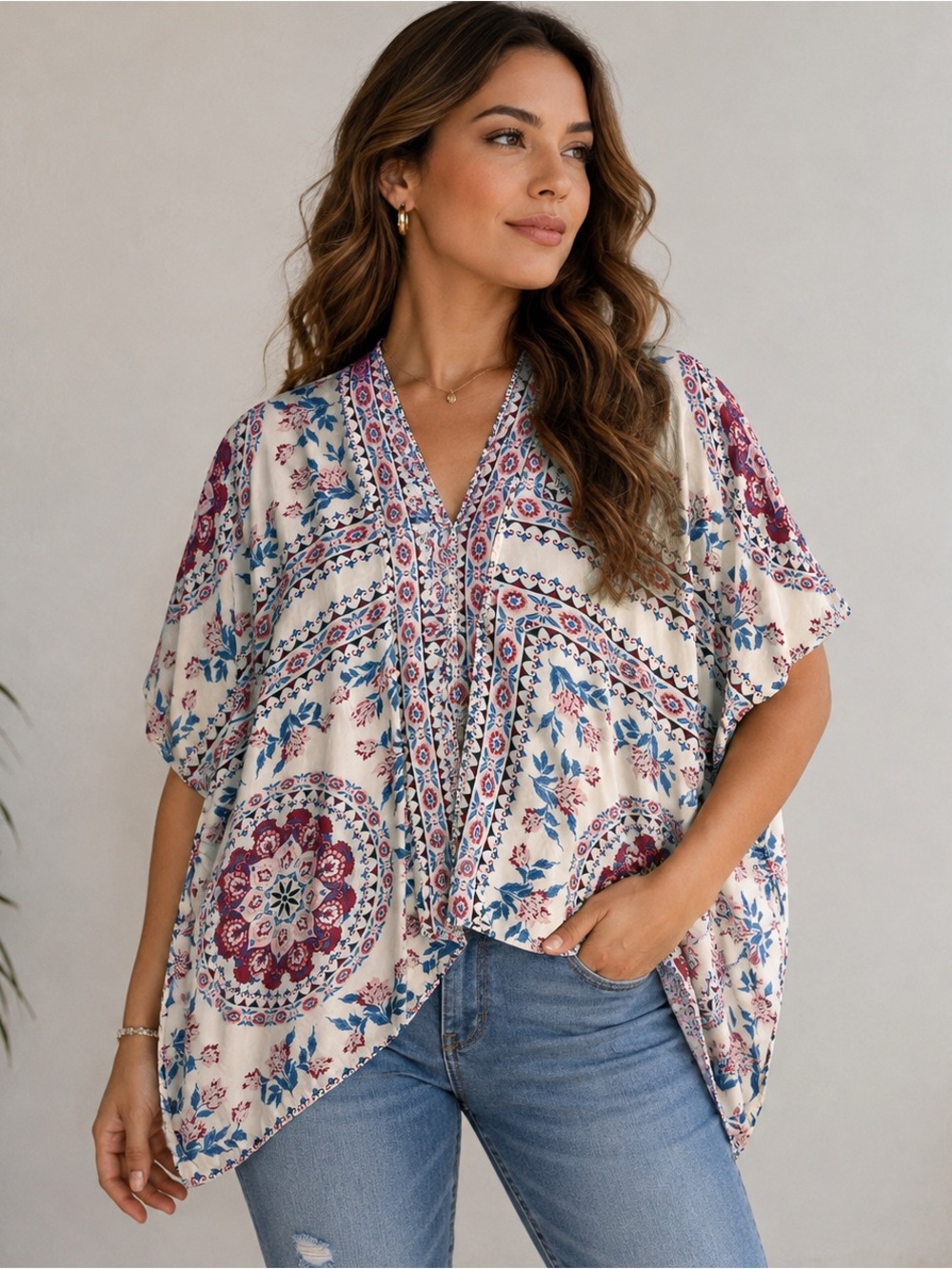 entro Cream Tunic with Blue & Plum Medallion Print